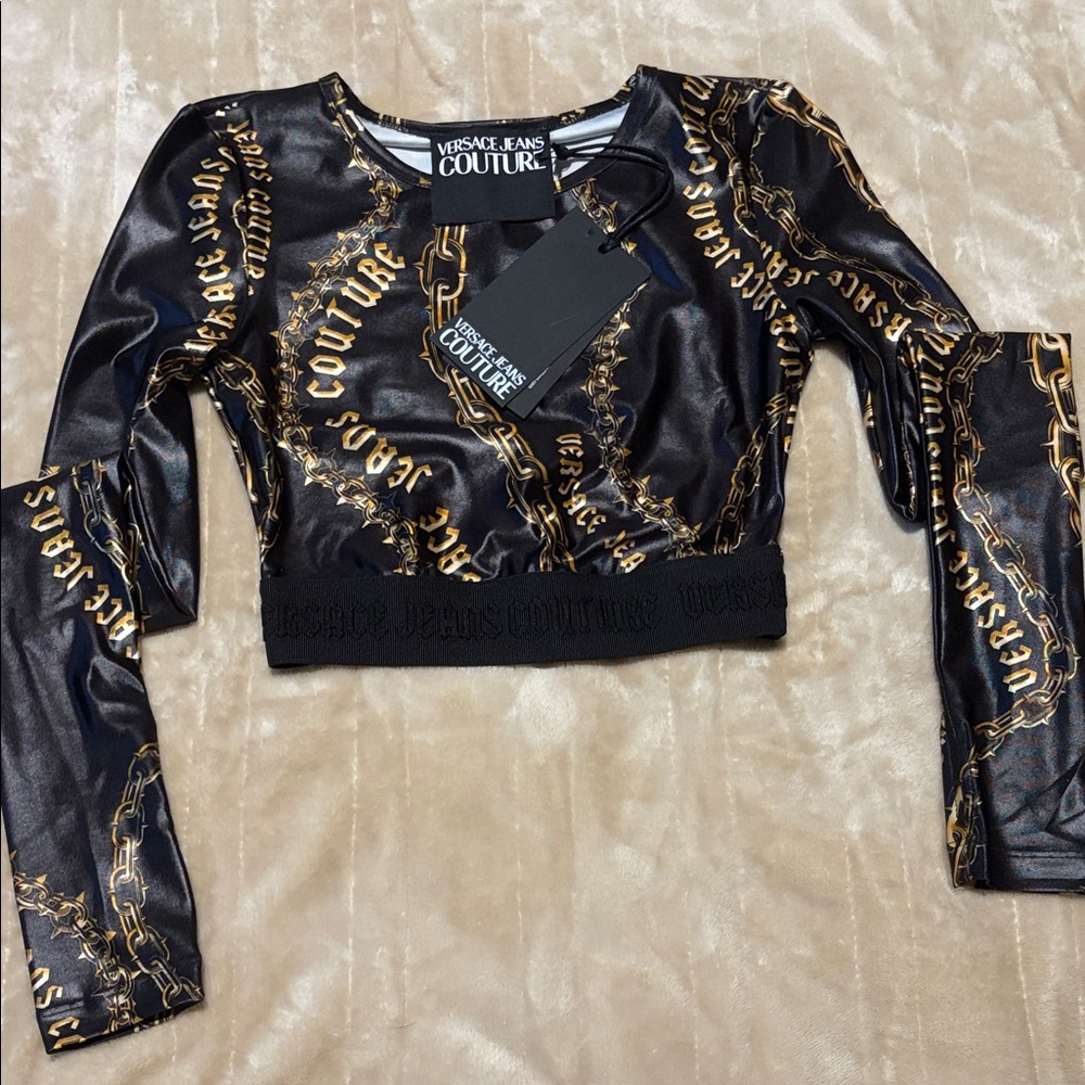 Versace Jeans Collection Black Crop Top with Gold Chain Print. Size 0